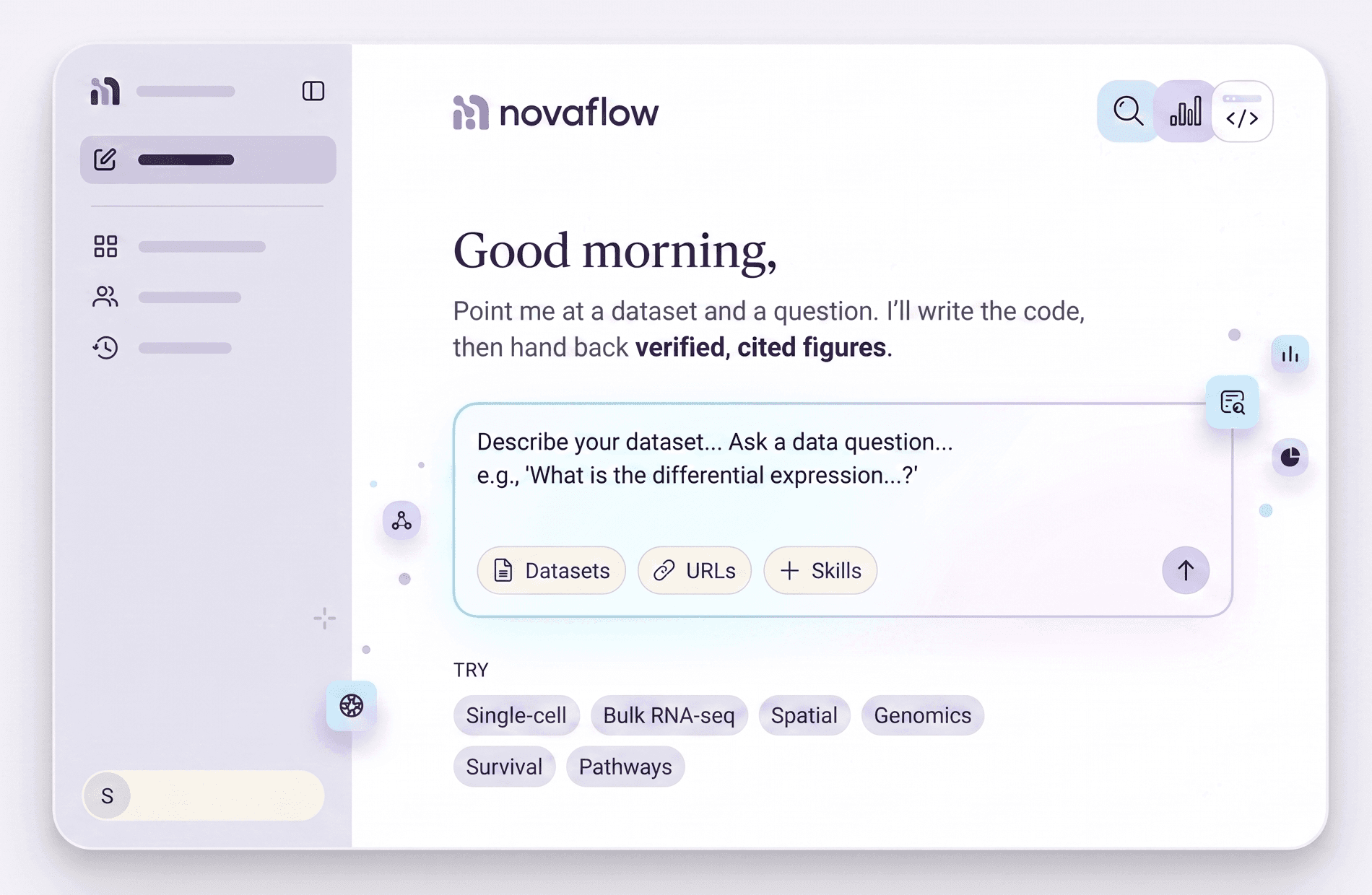 The Novaflow Standalone Platform dashboard, ready to take a dataset and a question